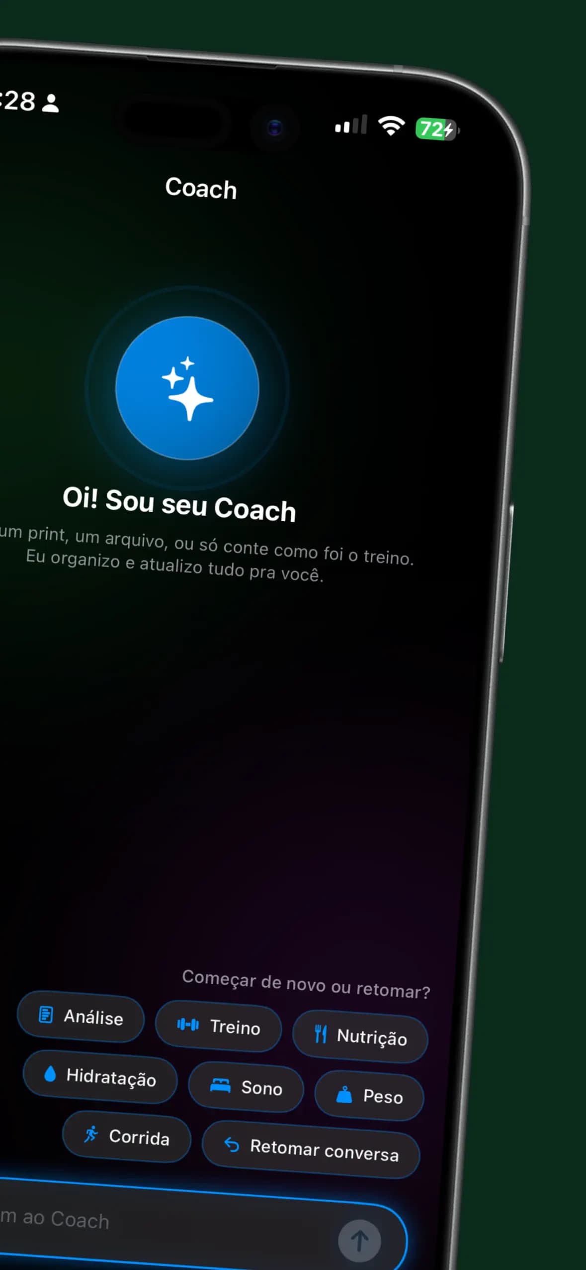 Tela do Coach do DanFit com atalhos para nutrição, treino, sono e mais