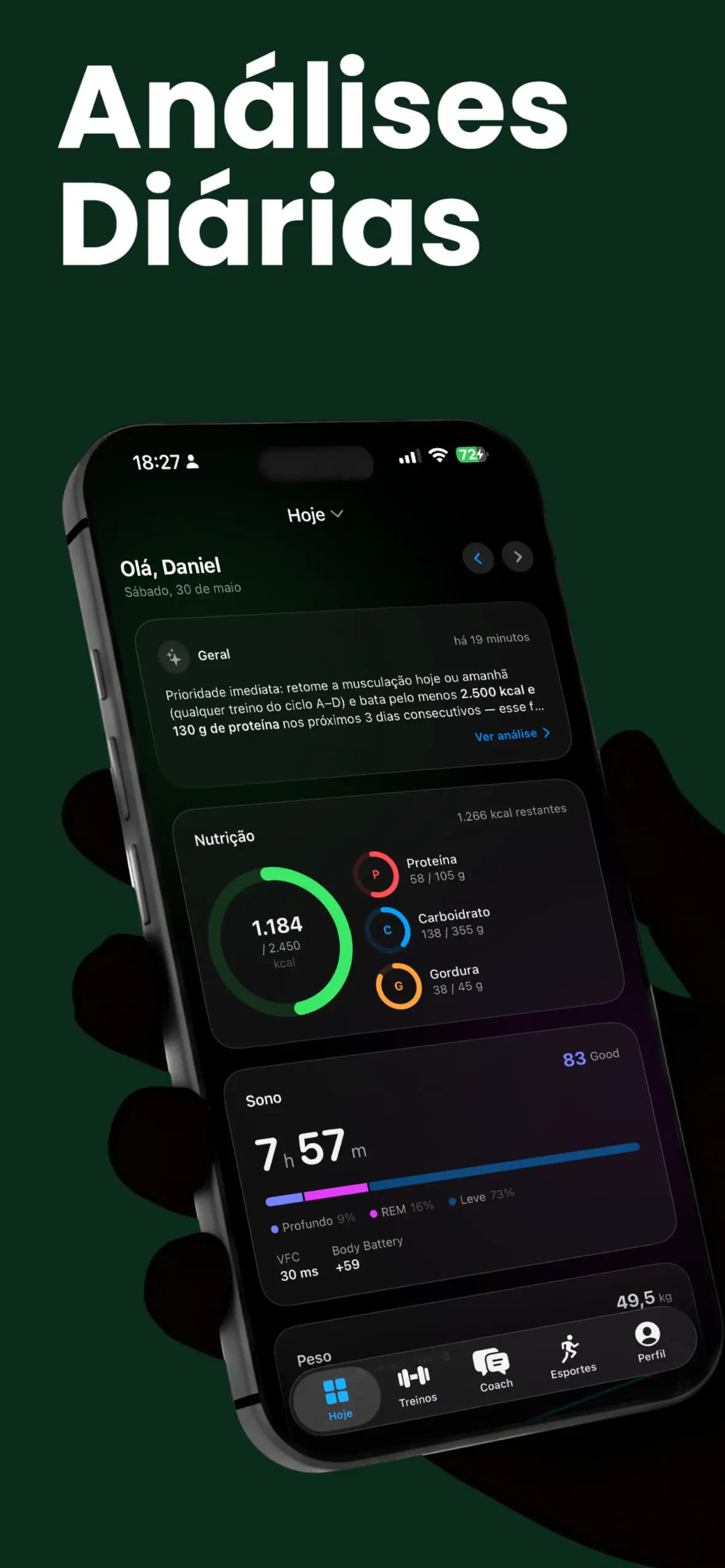 Insights diários no painel Hoje com anéis de nutrição e fases do sono