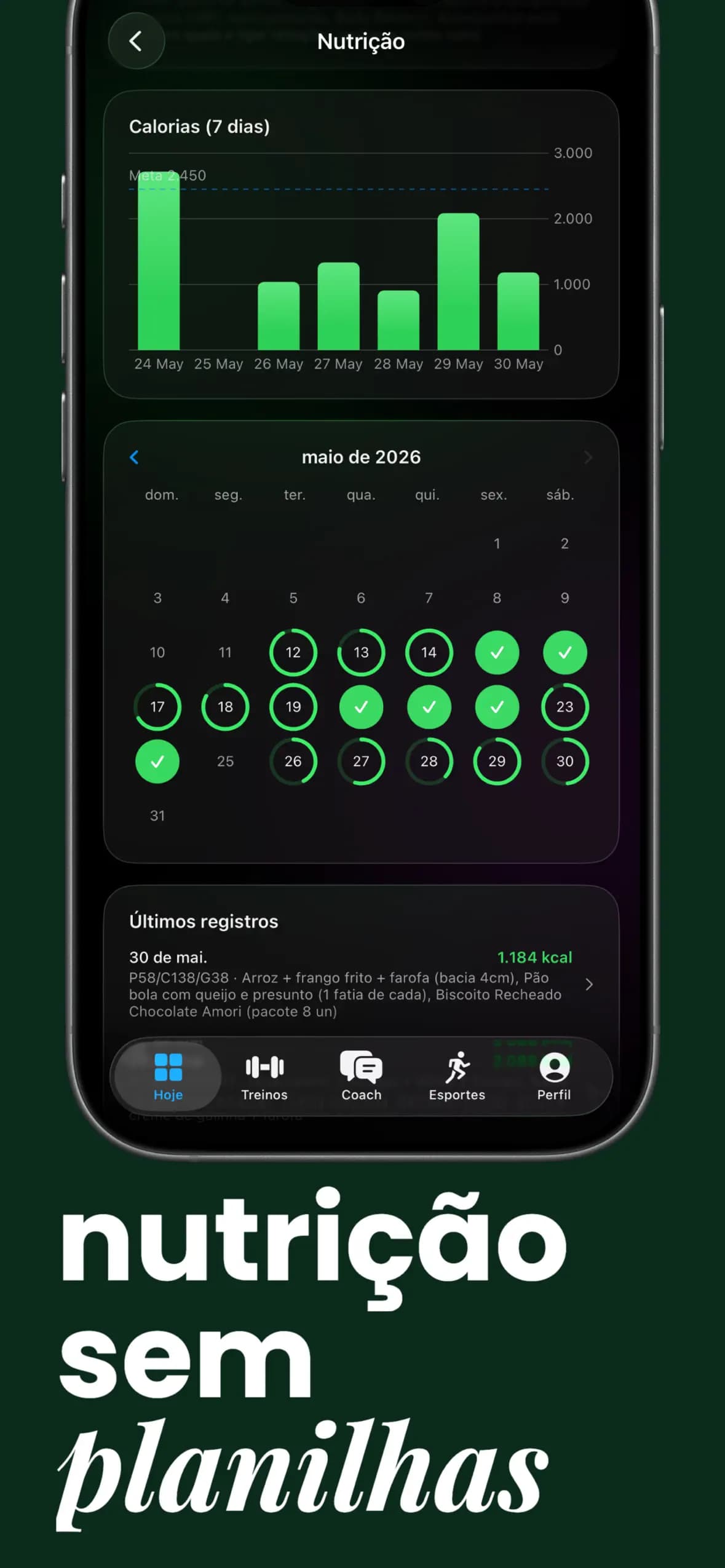 Controle de nutrição com gráfico de calorias de 7 dias e calendário mensal